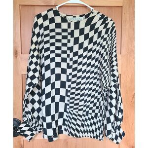 Vtg Josephine Chaus‎ 100% Silk Black White 8 Geometric Modern Minimalist Blouse